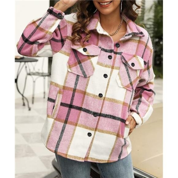 Women's Fall Plaid Shackets - Button Down Long Sleeve Casual Shirts 2024, Pink - Picture 2 of 5